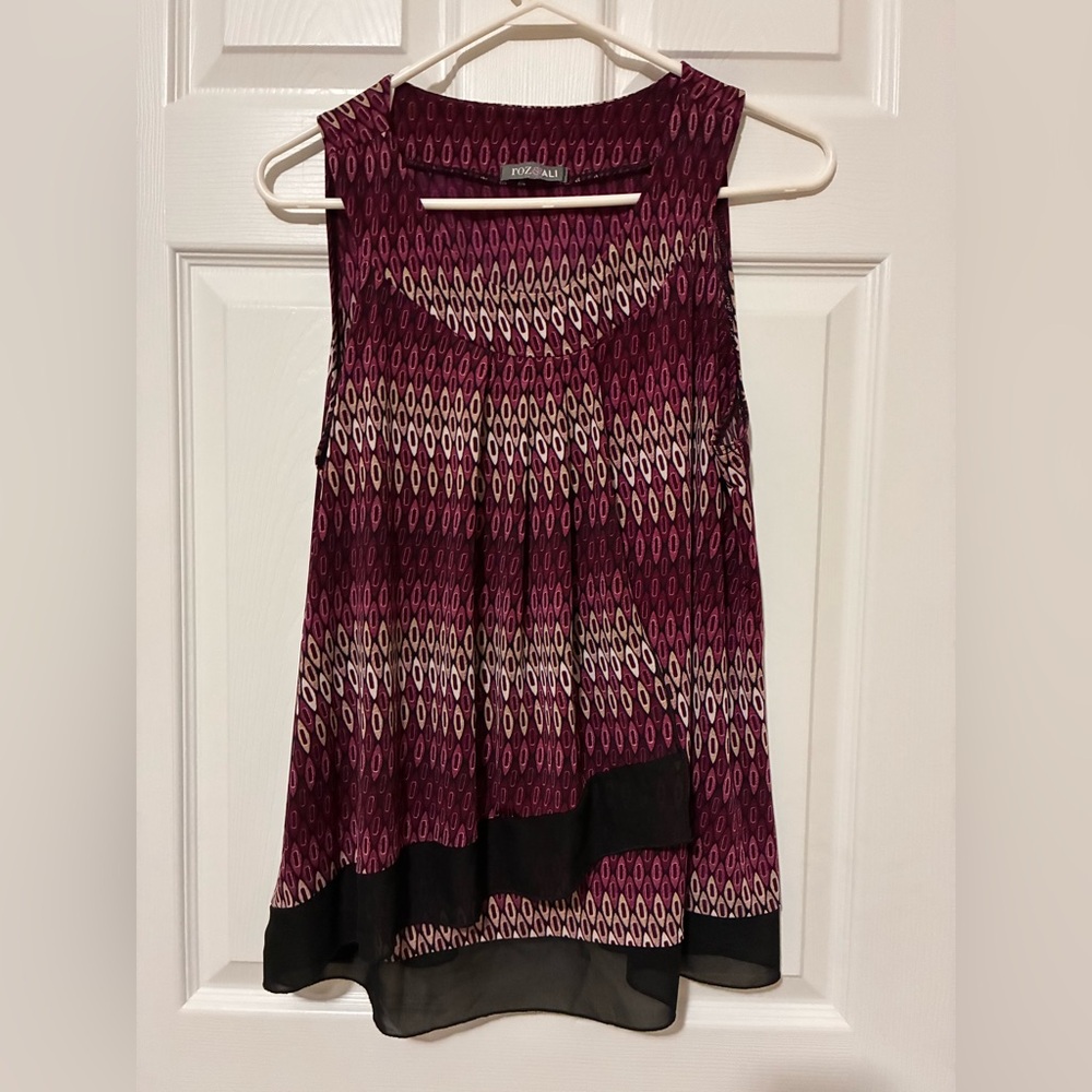 Roz & Ali Sleeveless Top Blouse Faux Wrap Purple Black Stretch Women’s Size L